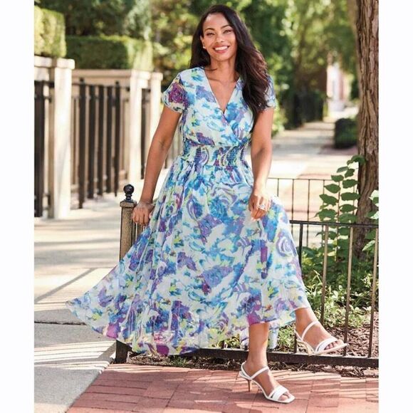 Ashro Lavita Blue Floral V-Neck Dress 1X 16/18 Smocked Waist Short Sleeve - Picture 1 of 16